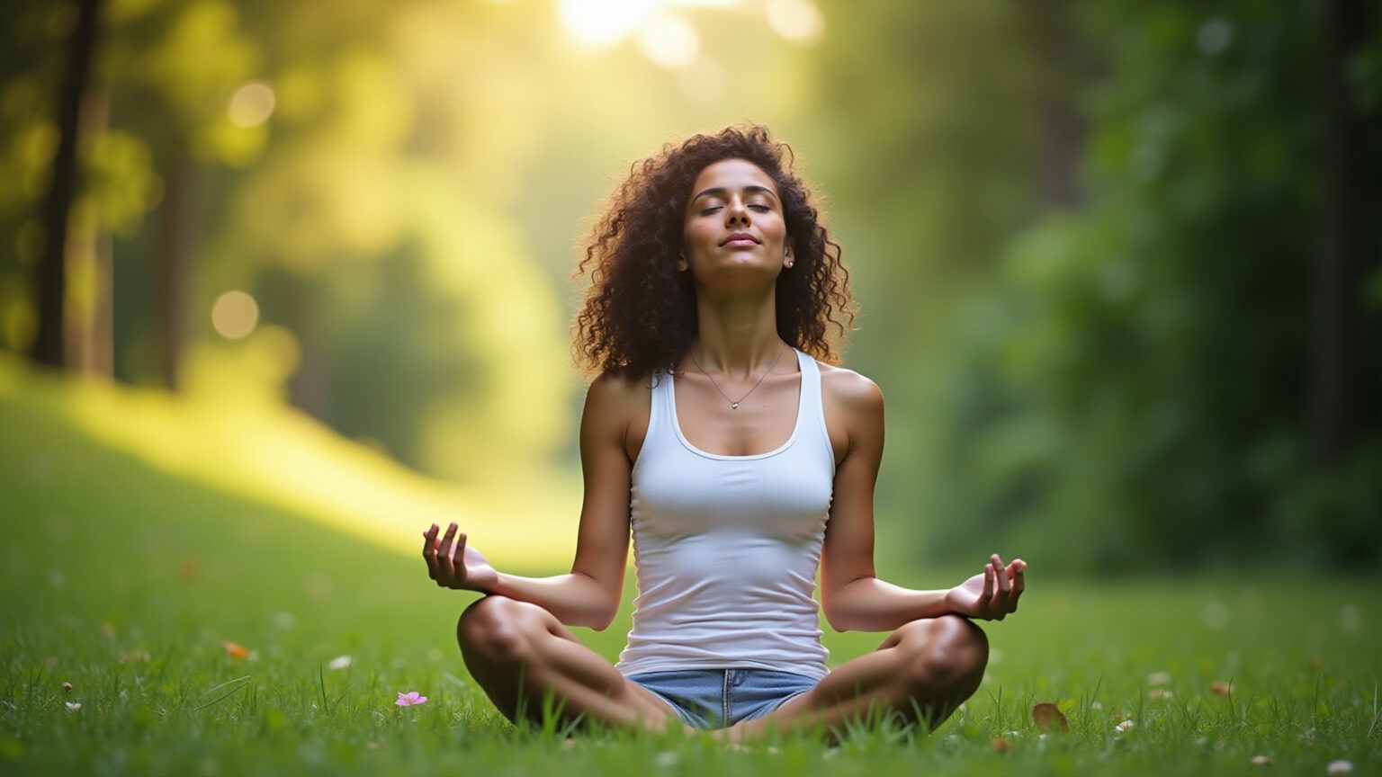 Mulher meditando ao ar livre, representando bem-estar mental.