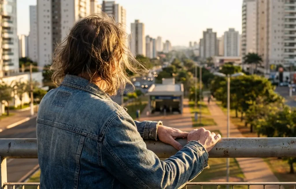 O Que Fazer em Águas Claras: Restaurantes, Lazer e Dicas do Bairro Pessoa de costas olhando a skyline de Águas Claras ao pôr do sol