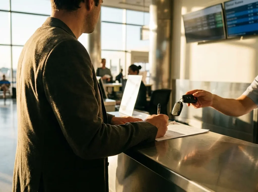 Cliente assinando contrato de aluguel de carro no balcão do aeroporto, vista três-quartos sem rosto.