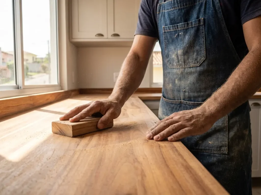 Hands sanding a new wooden kitchen countertop under soft window light