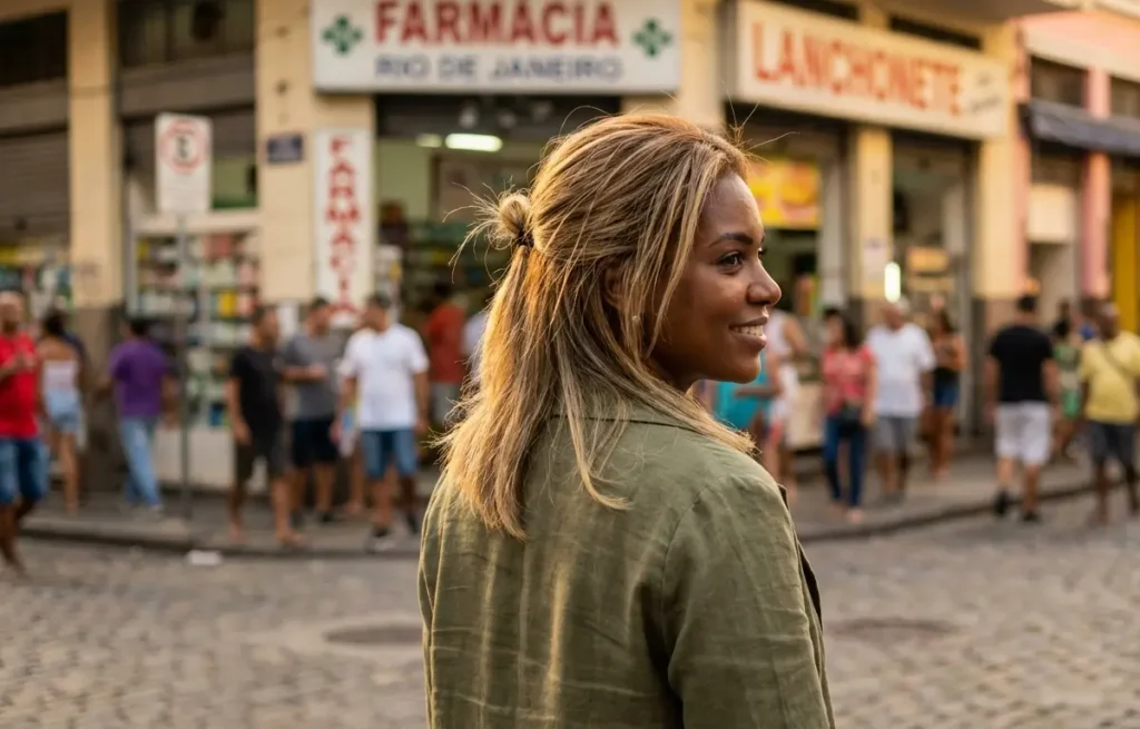Pessoa morena de três-quartos com cabelo loiro em tons mel e ash, meio corpo em luz dourada, rua urbana ao fundo.