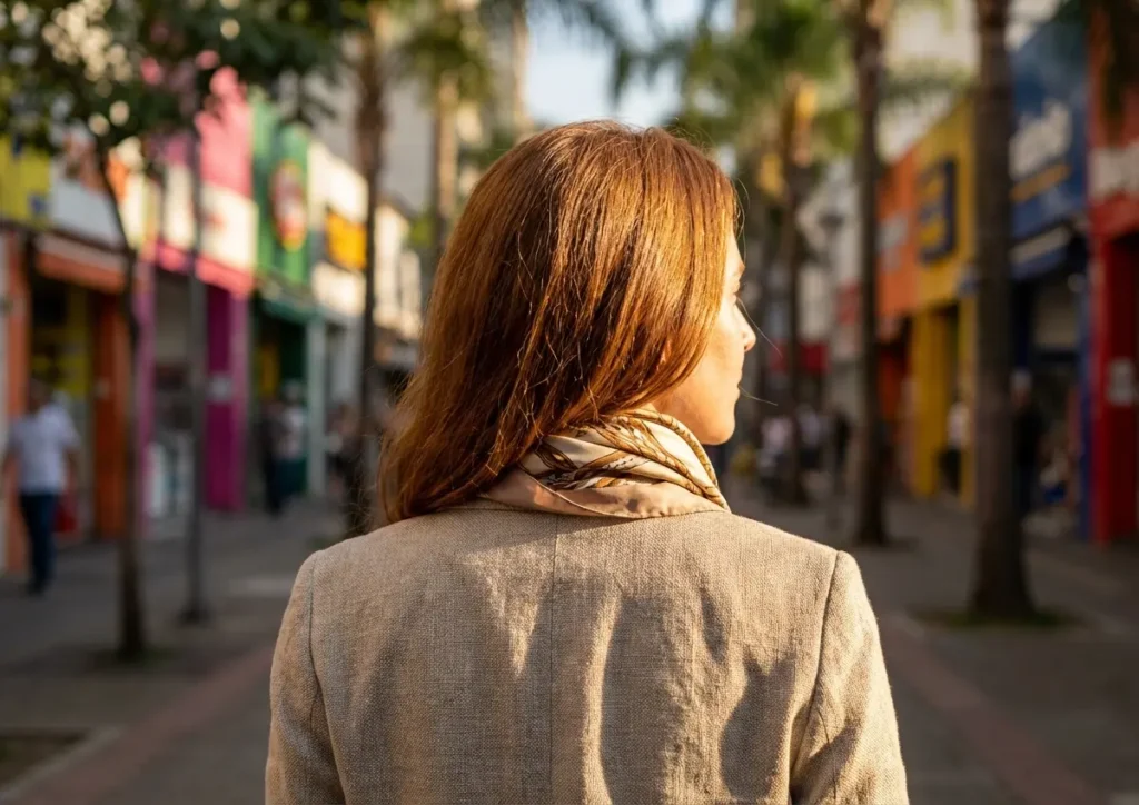 Cabelo ruivo para pele morena: tons que ficam incríveis em você Cabelo ruivo em mulher de pele morena, visão de cintura para cima, rosto não visível