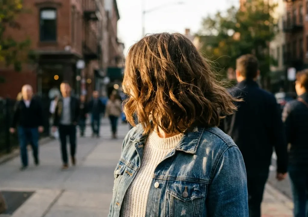 Cabelo com Textura: Como Criar Volume e Movimento Sem Produto Pesado Mulher de costas com cabelo texturizado e volume em calçada urbana ao pôr do sol