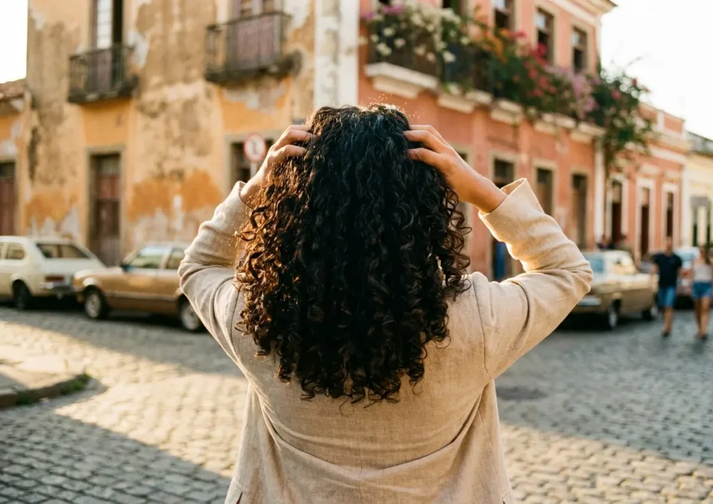 Mulher de costas com cachos definidos nas ruas ao entardecer, mãos amassando os fios