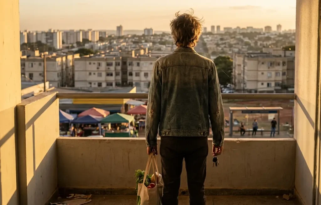 Pessoa de costas na varanda de prédio popular em Brasília ao pôr do sol, segurando sacola de compras.