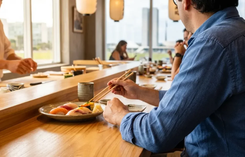 Comida Japonesa em Brasília: Os Restaurantes que os Brasilienses Mais Indicam Pessoa vista por trás no balcão de um restaurante japonês em Brasília, mãos segurando hashis sobre sushi.