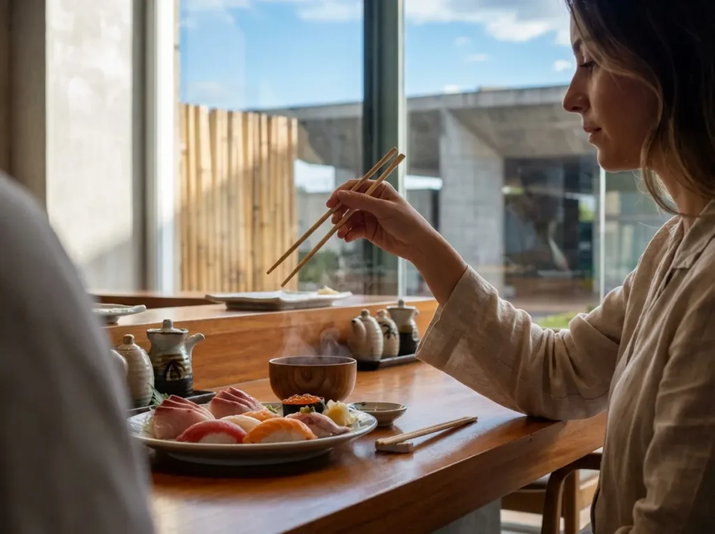Comida japonesa em Brasília: os restaurantes que os brasilienses mais indicam Pessoa no balcão com sushi, sem rosto visível