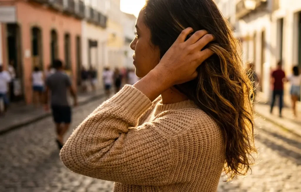 Cor mel no cabelo para pele morena: por que funciona tão bem Mulher morena vista da cintura para cima, cabelo em tom mel brilhando ao pôr do sol, rosto de perfil fora do enquadramento.