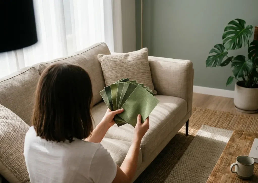 Mulher de costas segurando amostras de tecido verde em sala de estar com parede verde e plantas