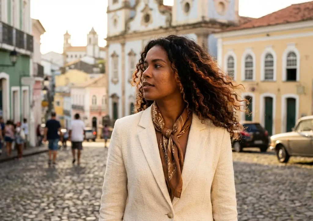 Cores de cabelo para pele morena escura: guia completo de tons Mulher de pele morena escura, rosto virado para o lado, cabelo com tonalidades cobre e caramelo ao pôr do sol numa rua urbana.