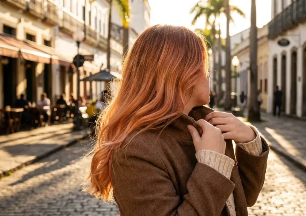 Pessoa de costas com balayage cobre-pectoral ao pôr do sol, sem rosto visível