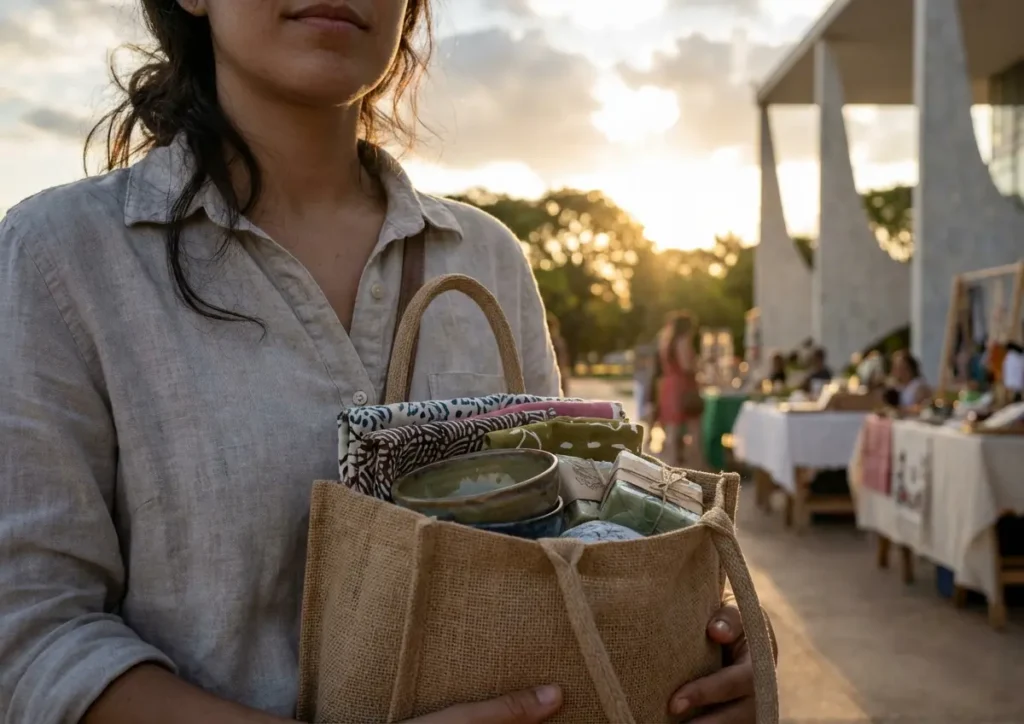 Pessoa de costas segurando saco artesanal fair trade em barraca de feira de Brasília ao entardecer