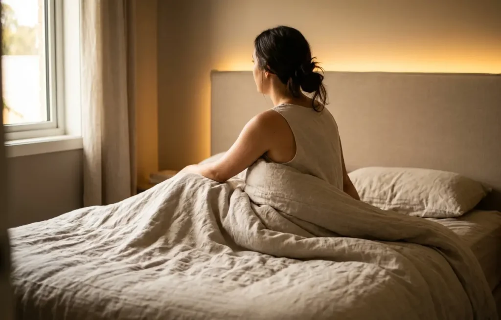 Pessoa de costas na cama com iluminação indireta aconchegante