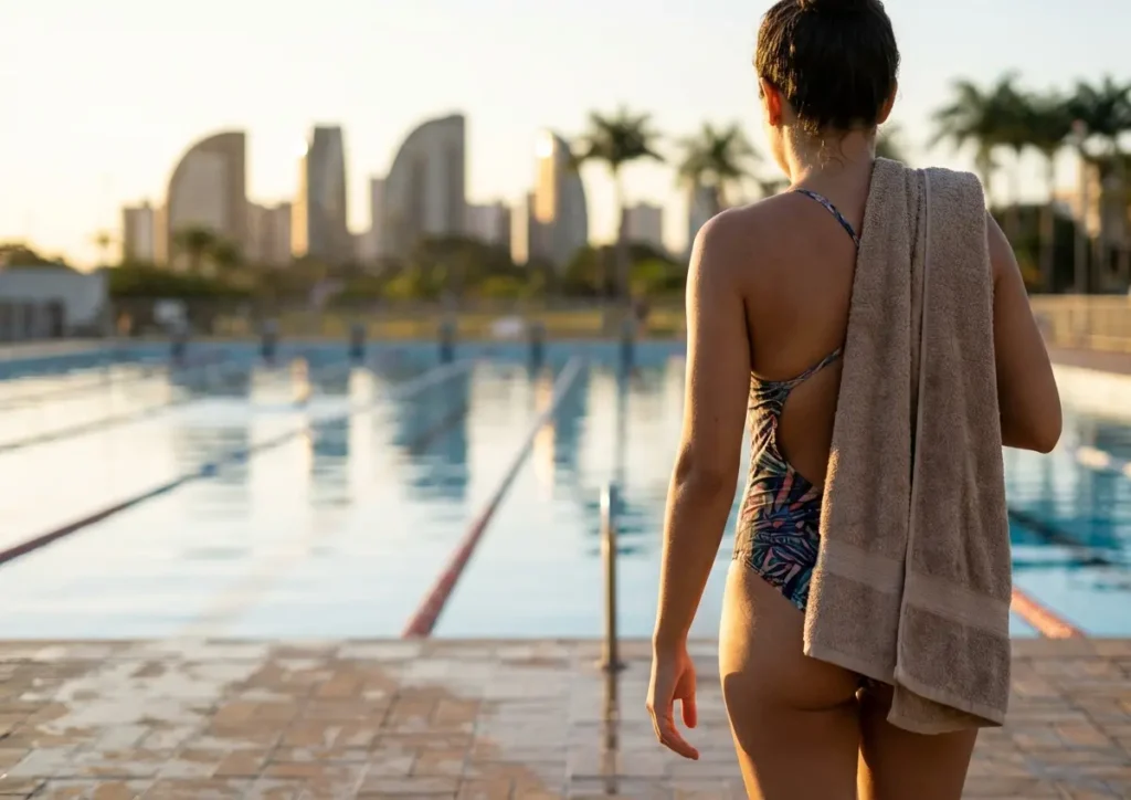 Piscina Pública em Brasília: Onde Tem, Horários e Como Acessar Pessoa de costas na beira de piscina pública em Brasília ao entardecer, mostrando roupa de banho e toalha, sem rosto visível.