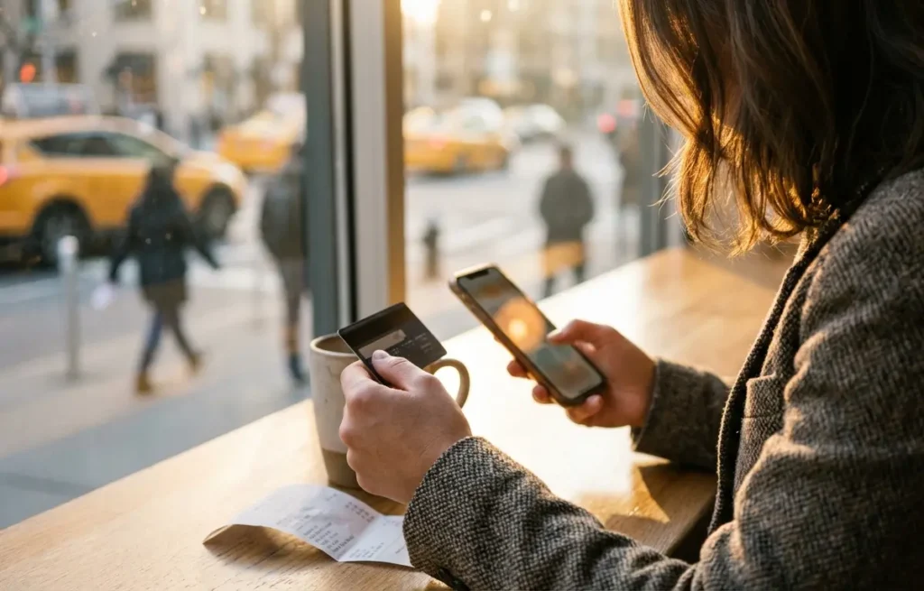 Pessoa vista dos ombros para cima segurando um cartão de crédito e um celular em uma cafeteria ao pôr do sol, sem mostrar o rosto.