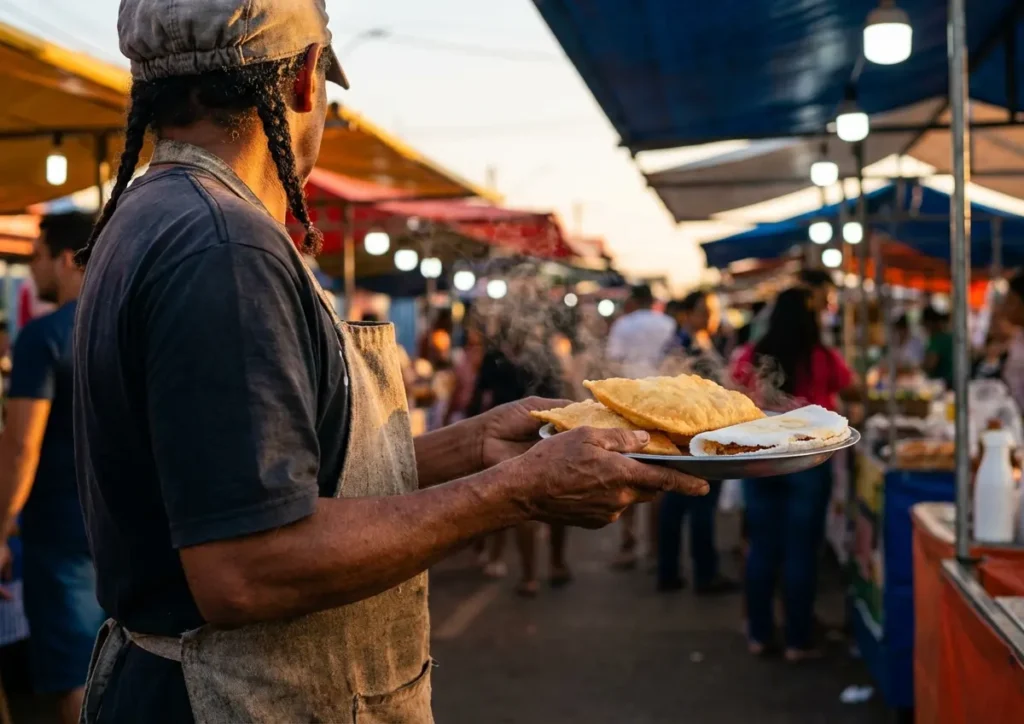 Vendedor de comida na feira de Ceilândia, mãos segurando pastel e tapioca, rosto fora de quadro.