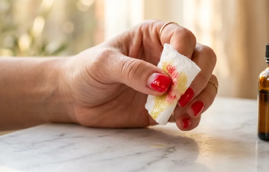 Como Tirar Esmalte Sem Acetona: Funciona Mesmo ou É Mito mão removendo esmalte com óleo e algodão