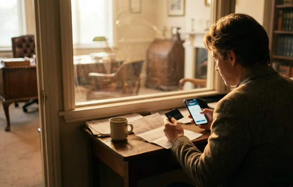 Pessoa de costas segurando cartão e celular sobre mesa com extratos, luz dourada