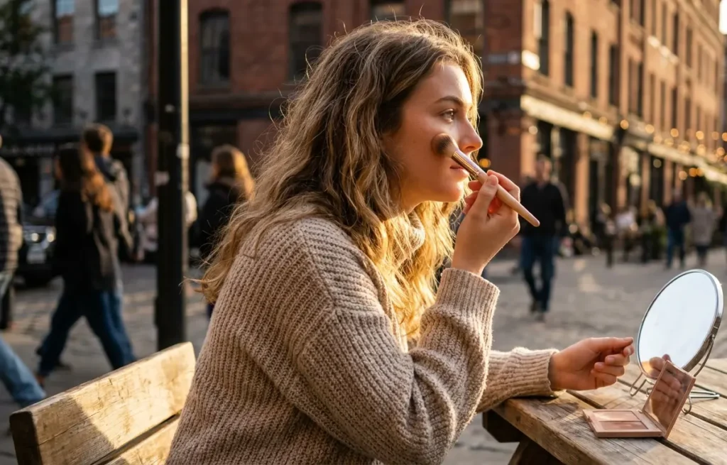 Contorno Facial para Iniciantes: Pare de Errar com Esse Passo a Passo Mulher aplicando contorno sob a maçã do rosto num café ao pôr do sol, sem mostrar o rosto completo