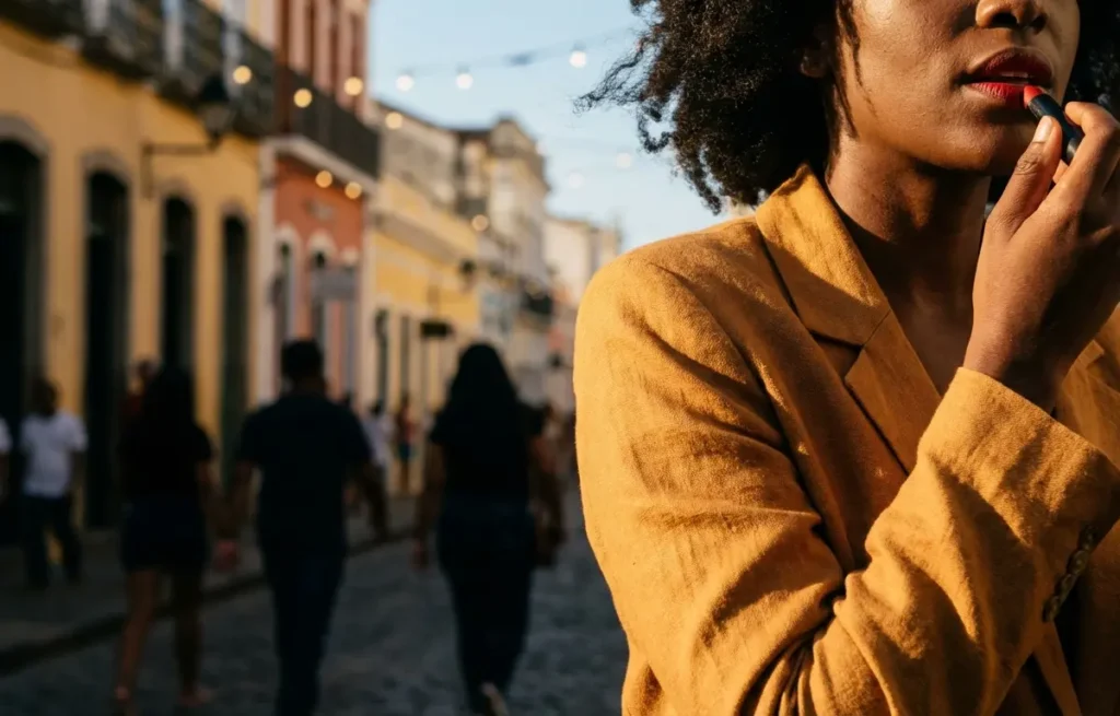 Batom Vermelho para Pele Negra: O Tom Certo Faz Toda a Diferença Mulher negra aplicando batom vermelho, meio-corpo