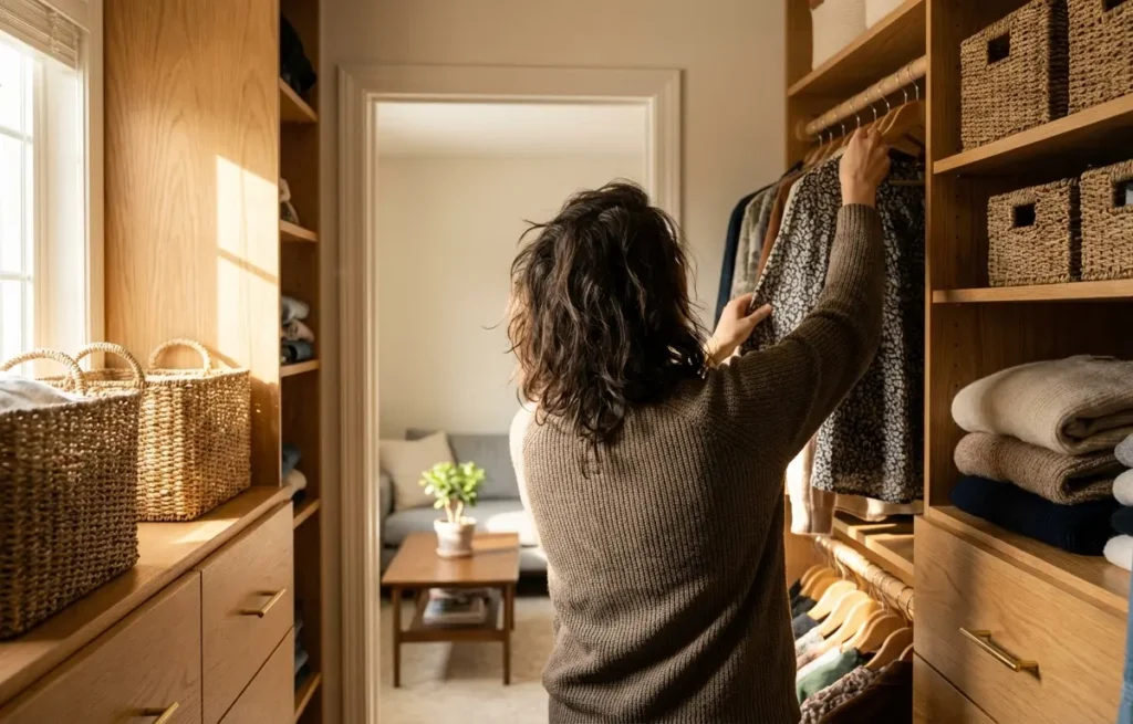 Pessoa de costas organizando closet planejado pequeno em apartamento