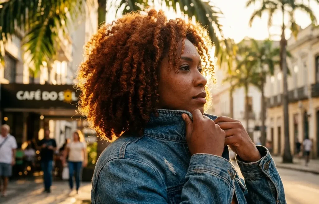 Cores de Cabelo para Pele Negra: Os Tons Que Mais Combinam Com Você Mulher negra com cabelo cobre encarando a rua ao pôr do sol, rosto parcialmente fora de quadro