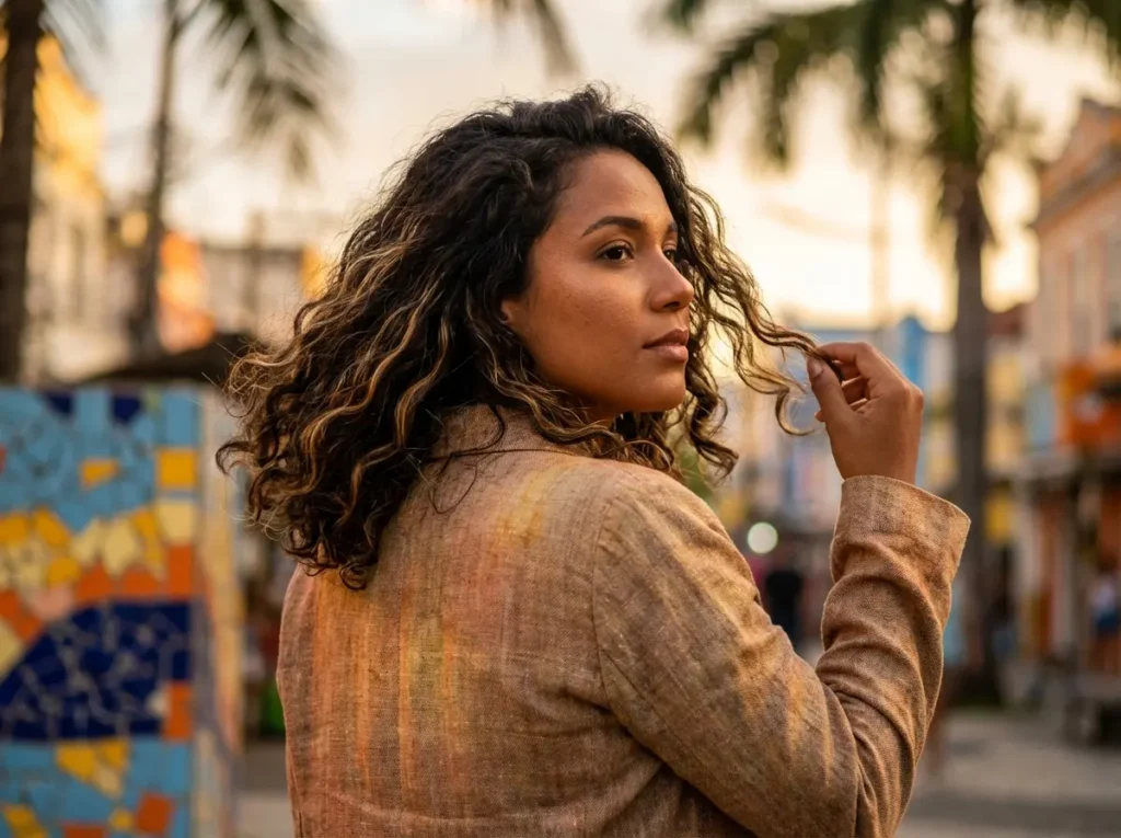 Mulher de pele morena, visão três-quartos do tronco superior, cabelo com luzes caramelo ao pôr do sol, rosto não visível.