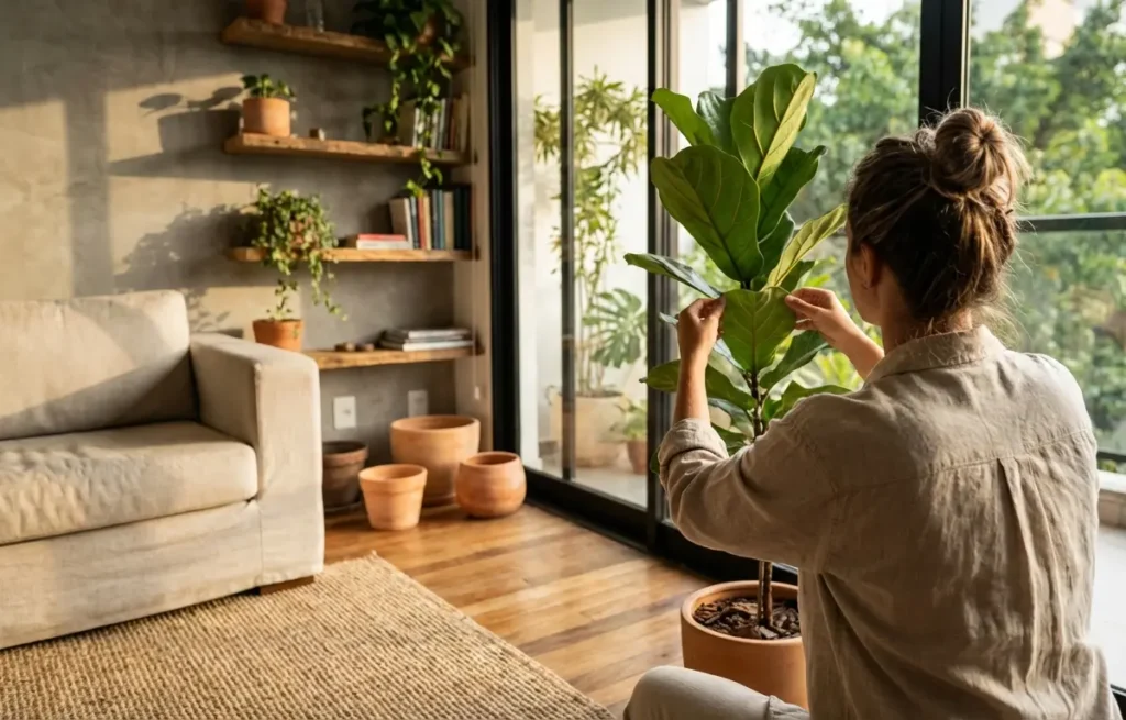 Pessoa de costas arrumando uma figueira-lira ao lado da janela em sala moderna com sofá de linho e várias plantas