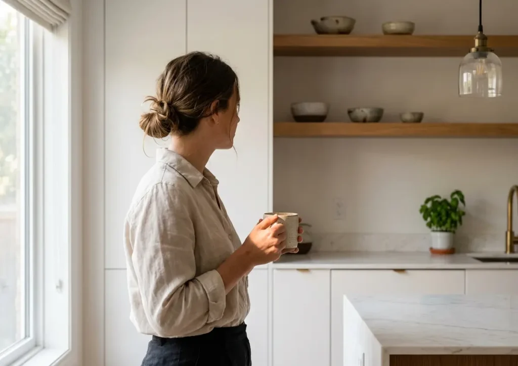 Mulher de costas na cozinha minimalista elegante, vista cintura para cima, luz natural suave.