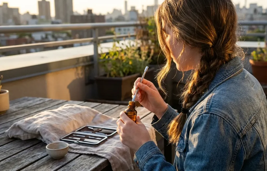 Cutícula perfeita em casa: o passo a passo que salva as mãos Mãos centralizadas preparando cutículas em varanda urbana ao pôr do sol, sem mostrar o rosto.