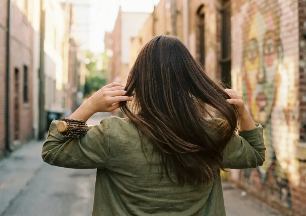 Pessoa de costas exibindo cabelo liso após escova caseira em rua urbana ao pôr do sol