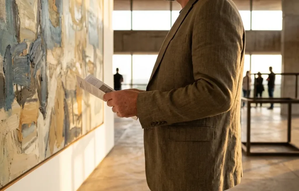 Visitante visto de lado em galeria de arte em Brasília, segurando um folheto da exposição, rosto não visível.