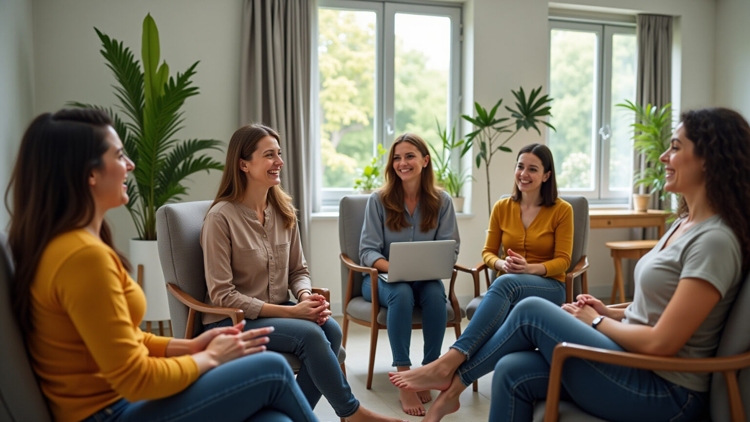 O que esperar de uma clínica de recuperação séria Interior acolhedor de uma clínica de recuperação com equipe e pacientes engajados.