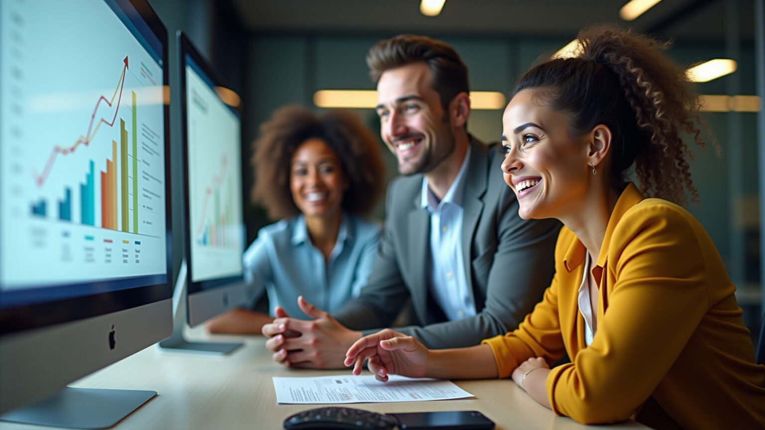 Profissionais brasileiros otimizando SEO em escritório moderno, gráficos de crescimento digital.