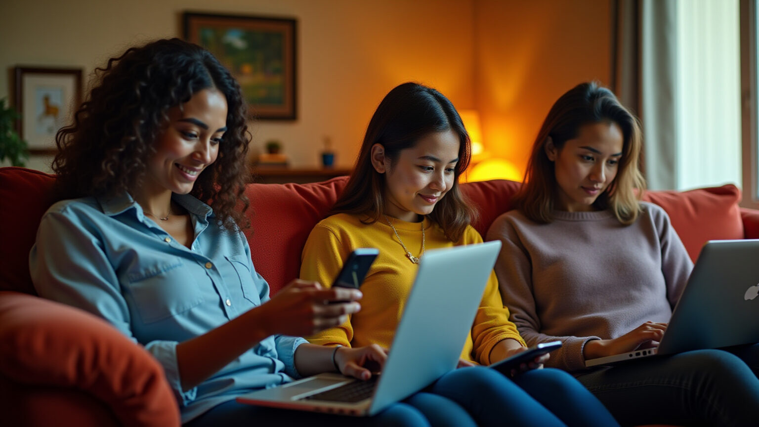 Grupo diverso de brasileiros acompanhando resultados de eleições municipais em tempo real, usando dispositivos digitais ...