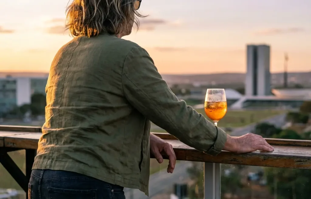 Pessoa de costas segurando um drinque em rooftop com o skyline de Brasília ao fundo durante o pôr do sol