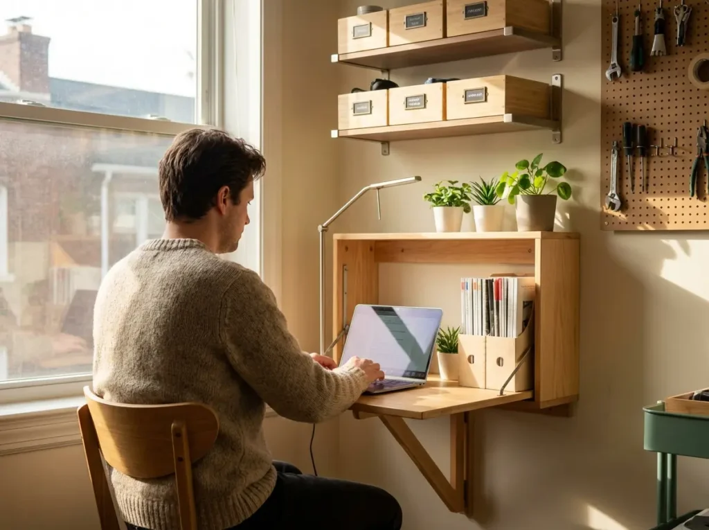 Home office pequeno organizado visto por trás de uma pessoa, mesa junto à janela