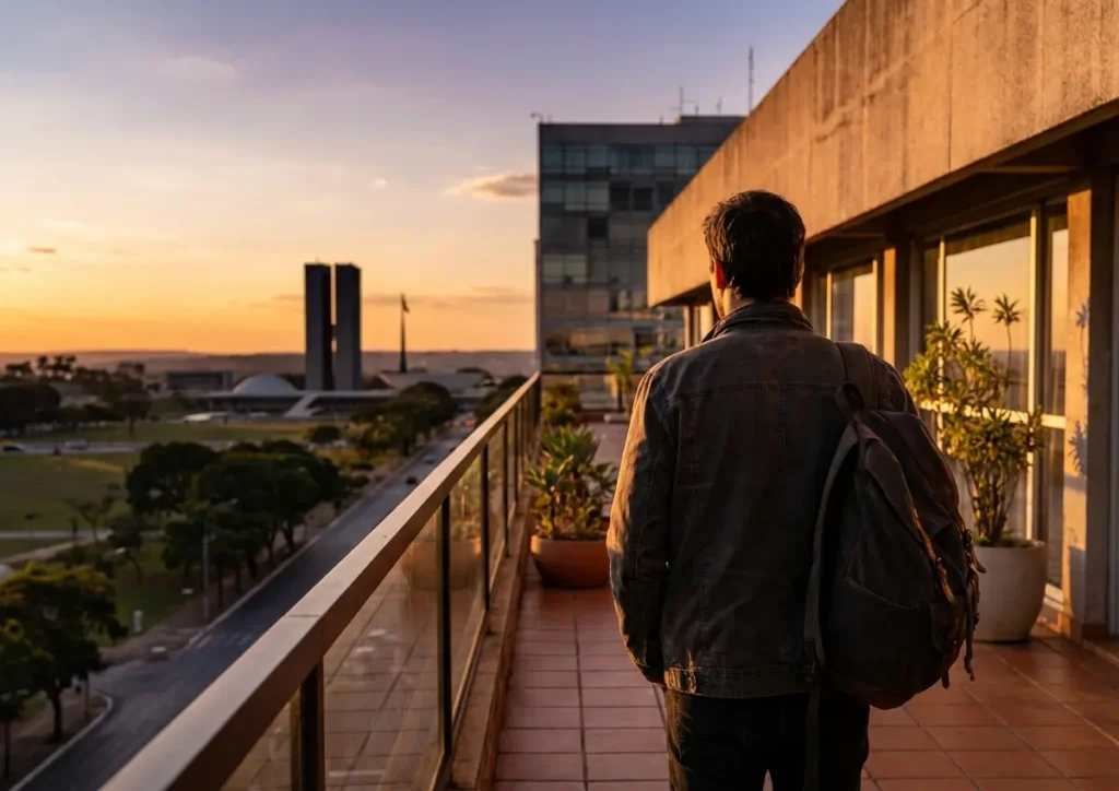 Hóspede de costas em varanda de hotel com skyline de Brasília ao pôr do sol