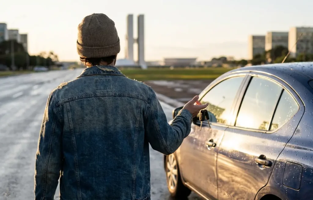 Pessoa de costas segurando chave de carro com o Congresso Nacional ao fundo ao pôr do sol