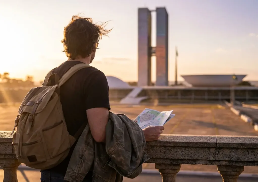 Back view of a traveler waist-up overlooking Brasília skyline and National Congress at golden hour