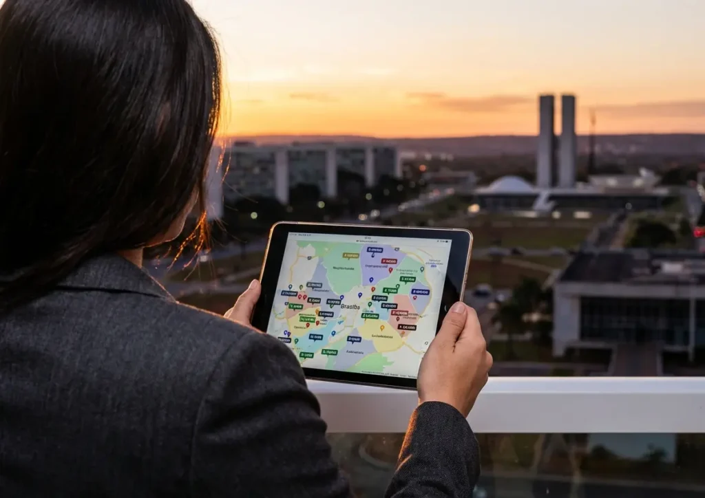 Corretor de costas segurando tablet com mapa de bairros valorizados e vista do Plano Piloto ao pôr do sol