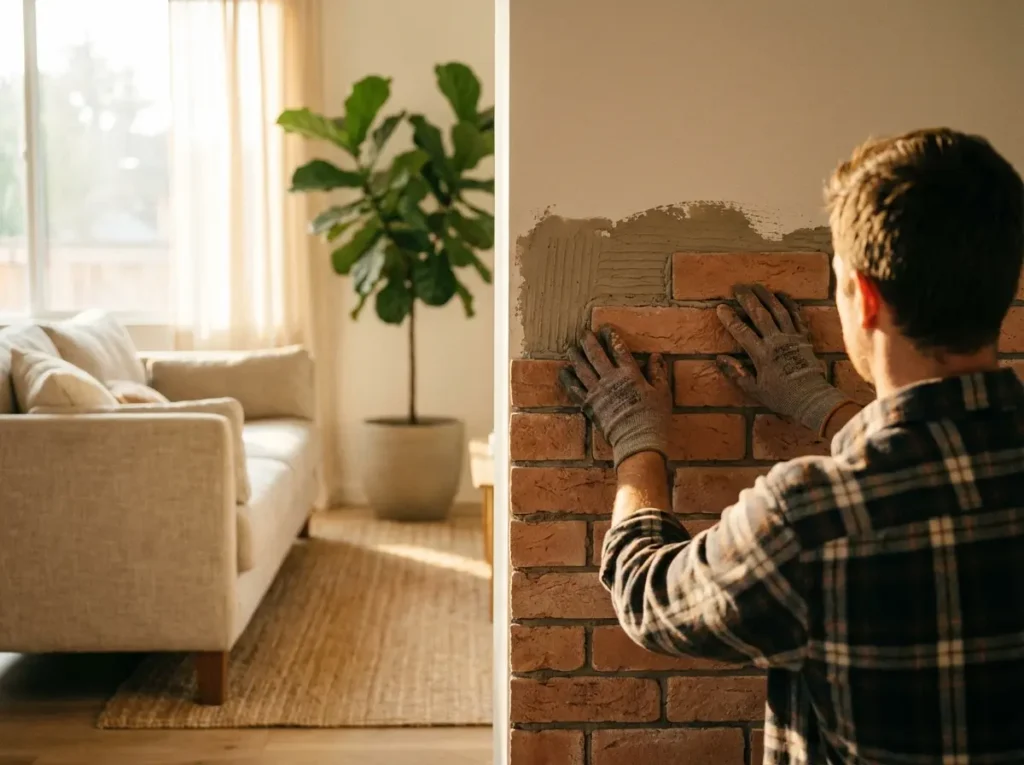 Parede de Tijolinhos na Sala: Como Fazer e Quanto Custa Pessoa de costas aplicando painel de tijolinhos na sala, mãos e textura dos tijolos visíveis