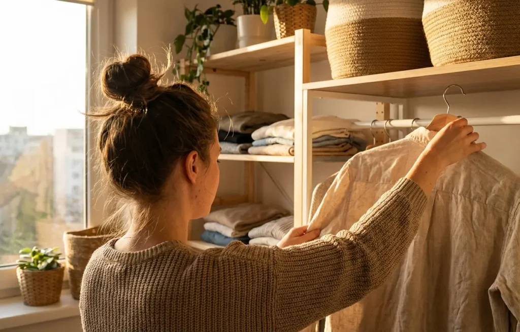 Pessoa de costas pendurando camisa em arara freestanding em apartamento sem guarda-roupa, luz natural dourada