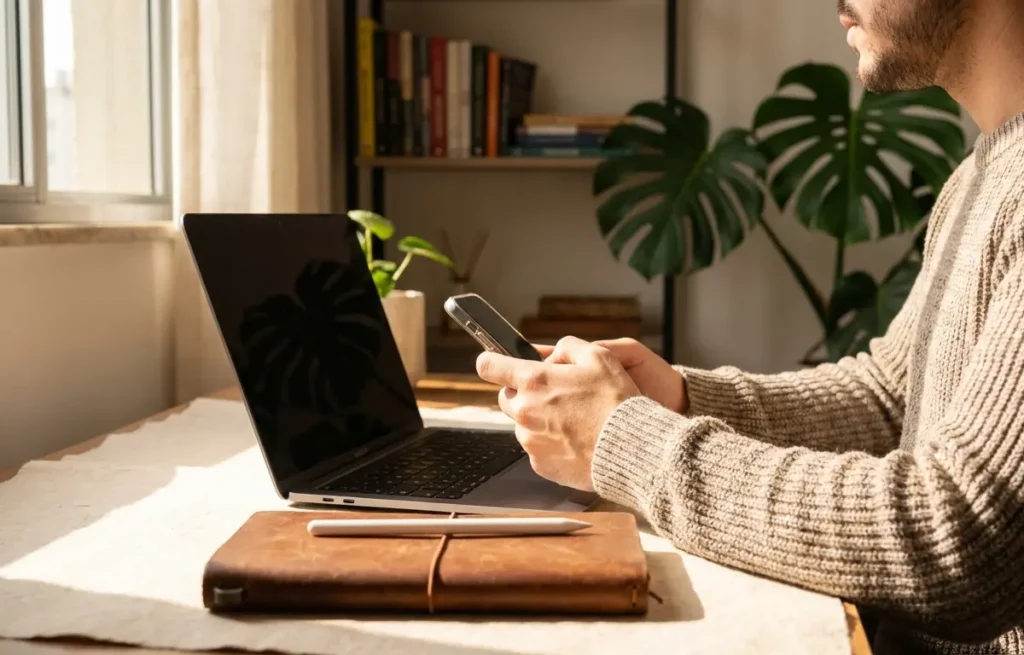 Assinatura Digital gov.br: Como Criar e Usar a Sua Agora Pessoa em escritório doméstico segurando smartphone e laptop, criando assinatura digital gov.br