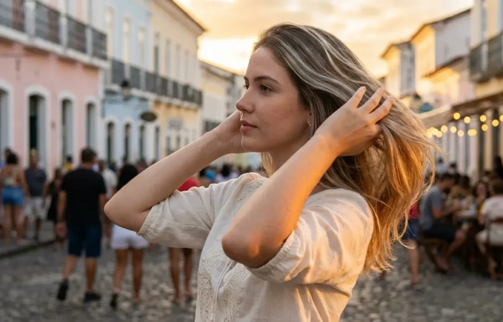 Mulher de pele clara vista de costas e três-quartos, cabelo loiro acinzentado com mechas quentes sob luz dourada