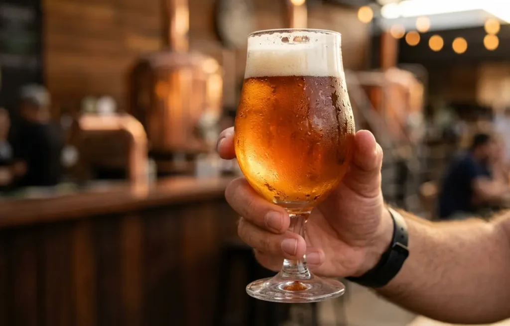 Cervejaria artesanal em Brasília: as melhores para visitar em 2026 mão segurando copo de cerveja dourada