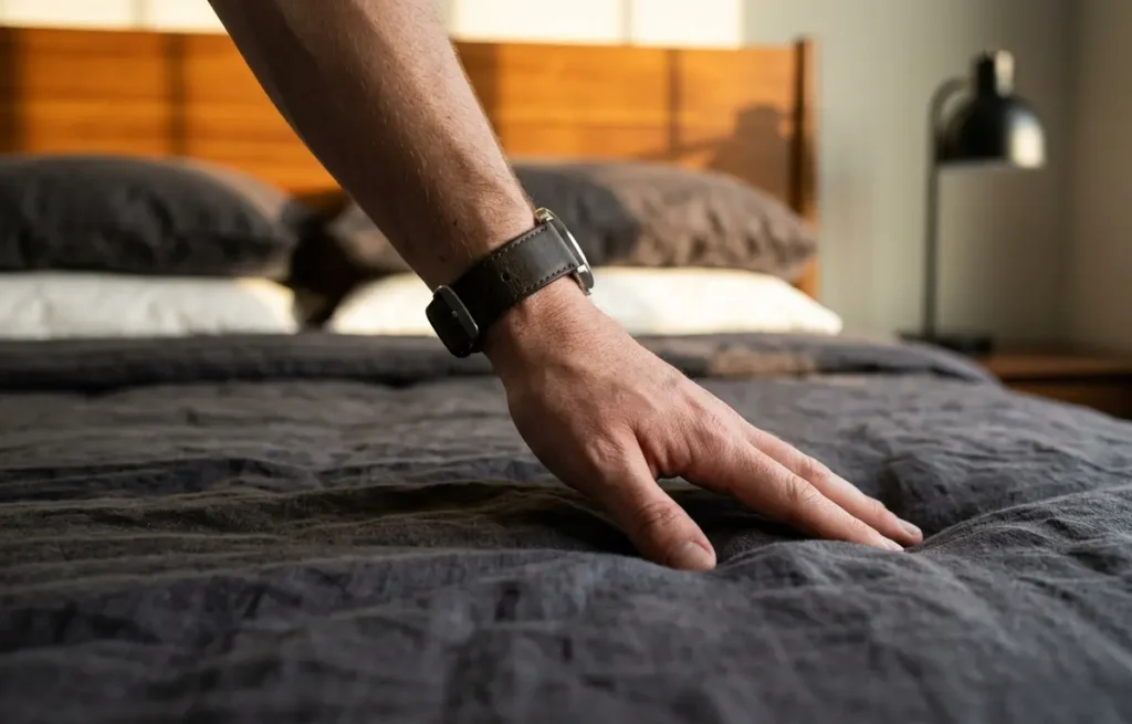Mão ajustando edredom cinza no quarto masculino