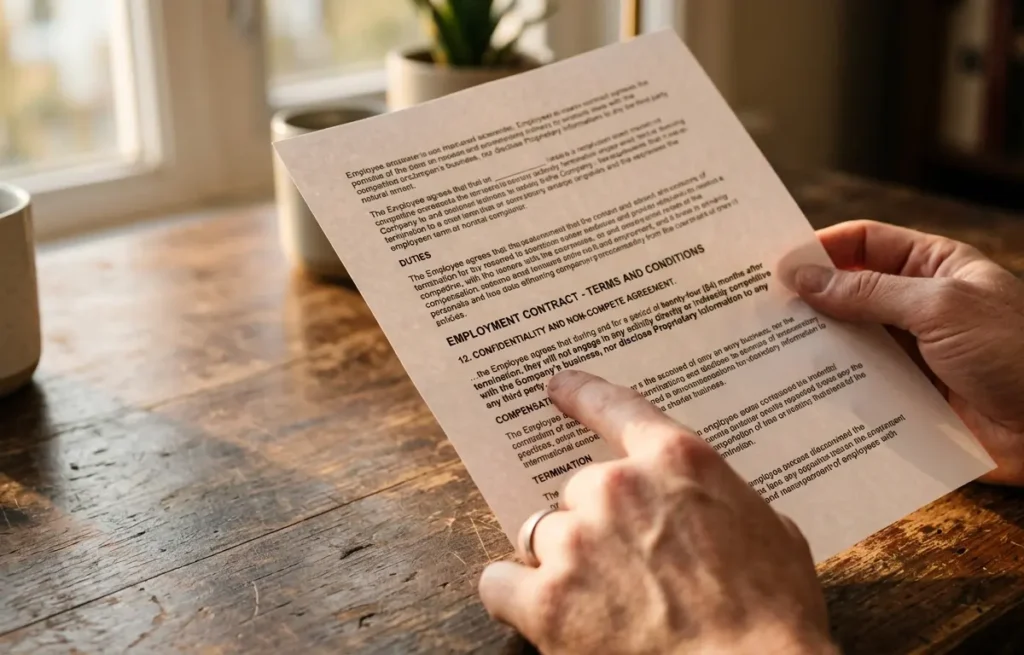 Rescisão Indireta: O Que É, Quando Pedir e Como Entrar na Justiça Mãos segurando contrato de trabalho com cláusula em destaque
