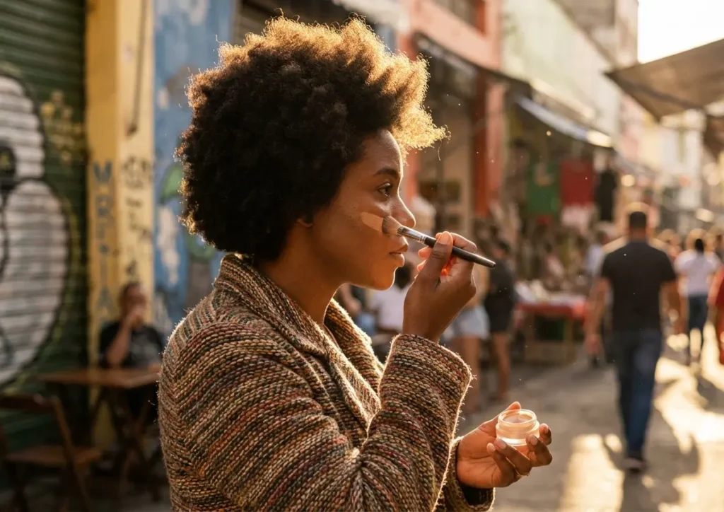 Maquiagem afro: como realçar a beleza da pele negra com estilo Capa: mulher negra aplicando iluminador, cabelo afro em movimento, luz dourada