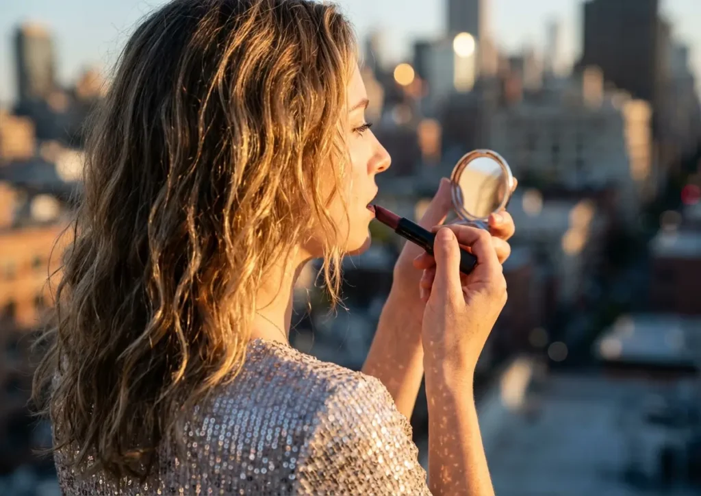 Mulher de três-quartos aplicando batom em terraço urbano ao pôr do sol, rosto não visível.
